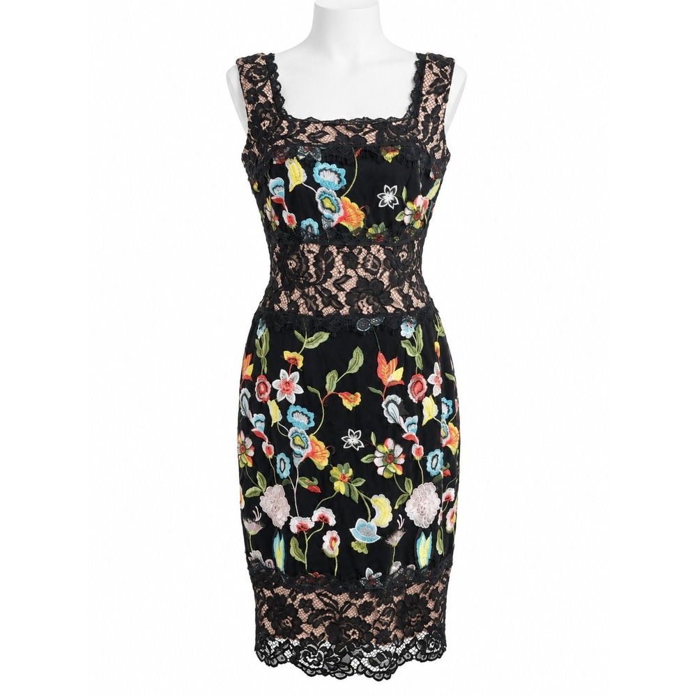 JAX Black Label Size 10 Black Floral Embroidered Lace Sheath Dress
